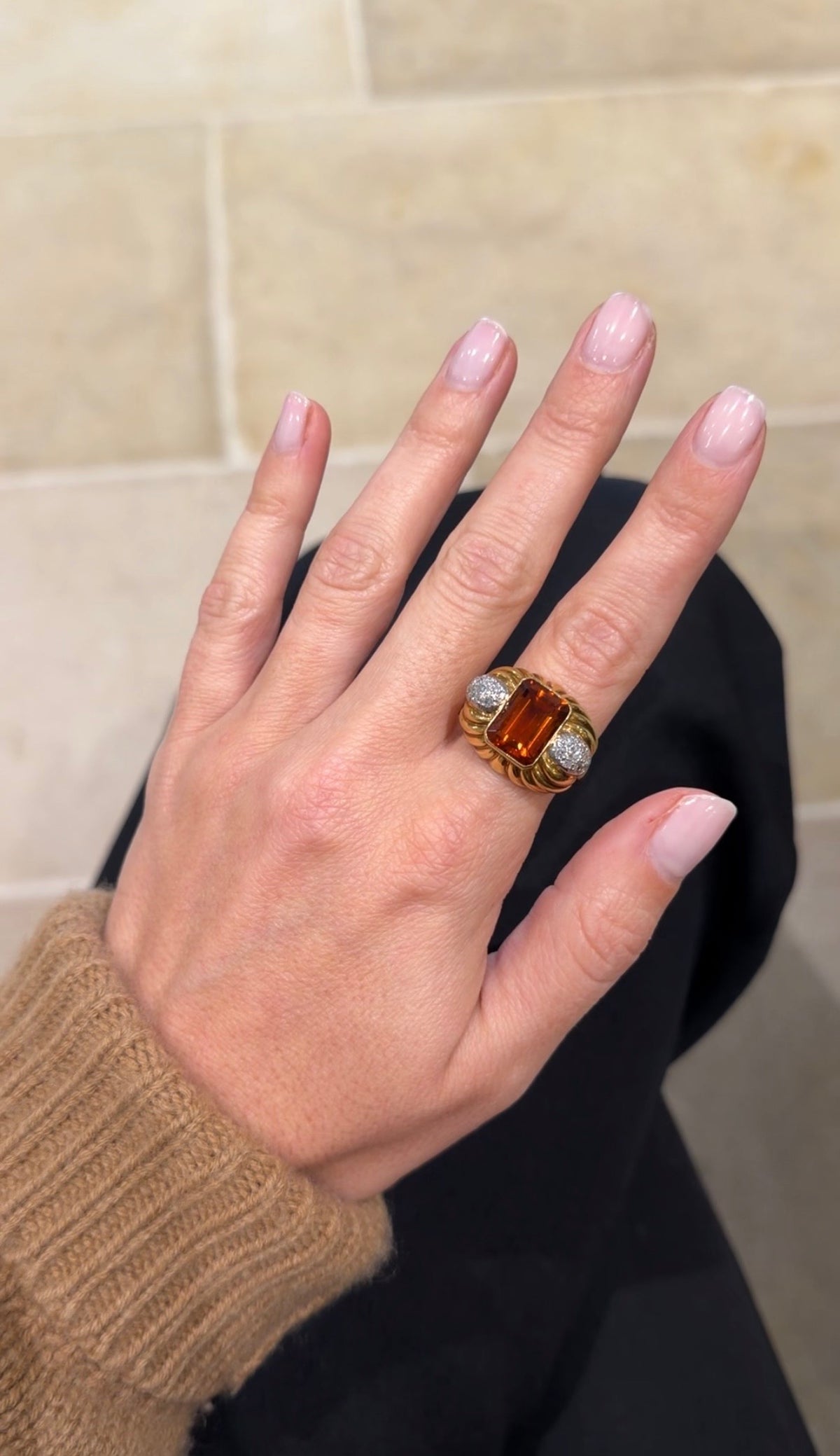 Vintage 18ct gold, Madeira citrine & diamond cocktail ring