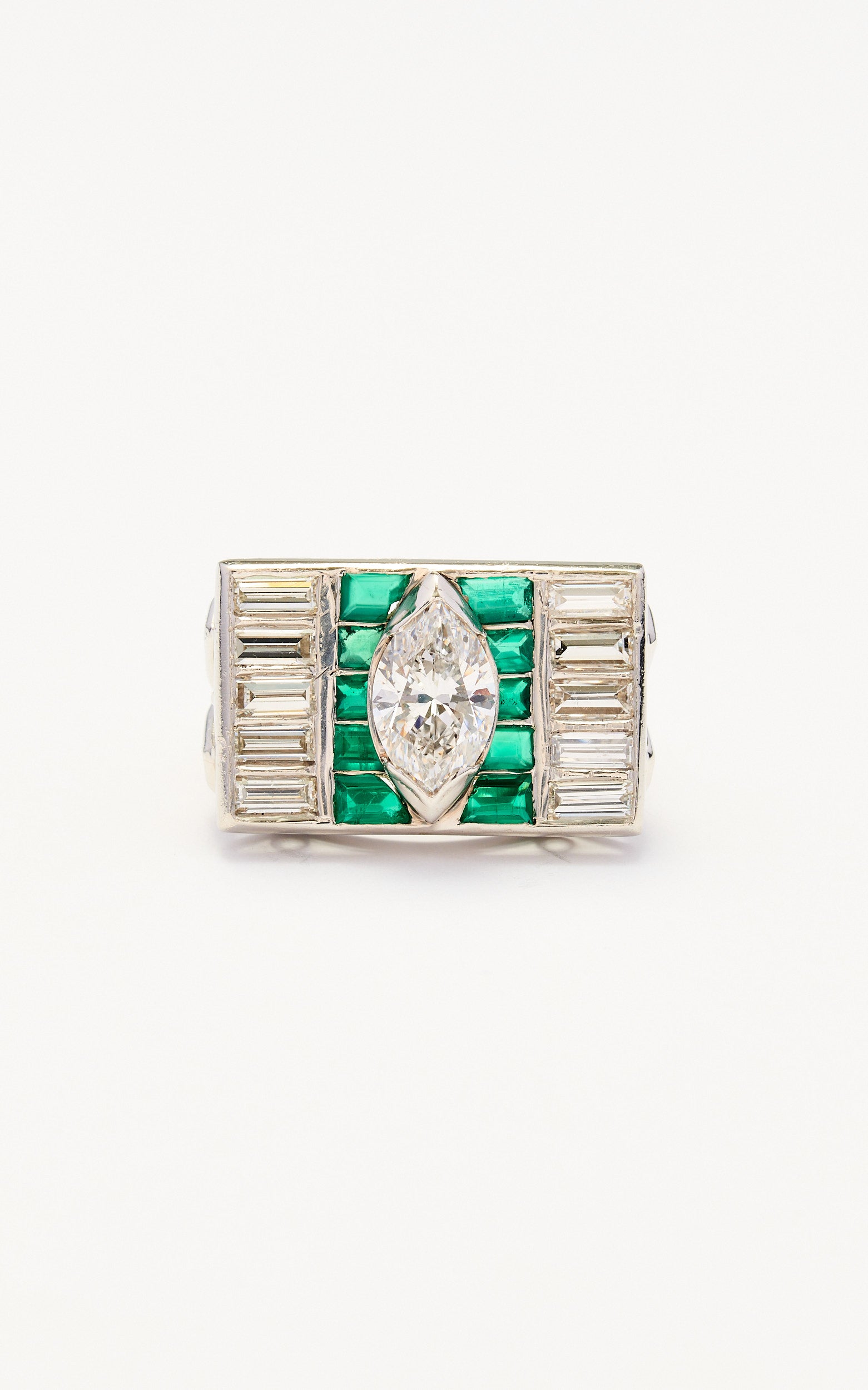 Vintage diamond & emerald tank ring
