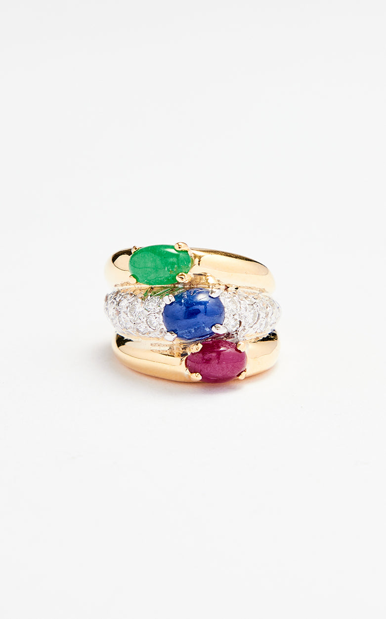 18ct gold, emerald, sapphire ruby & diamond ring