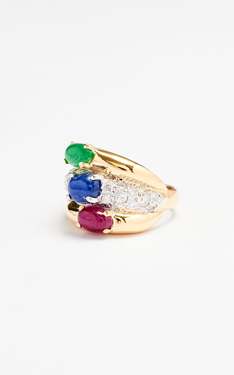 18ct gold, emerald, sapphire ruby & diamond ring