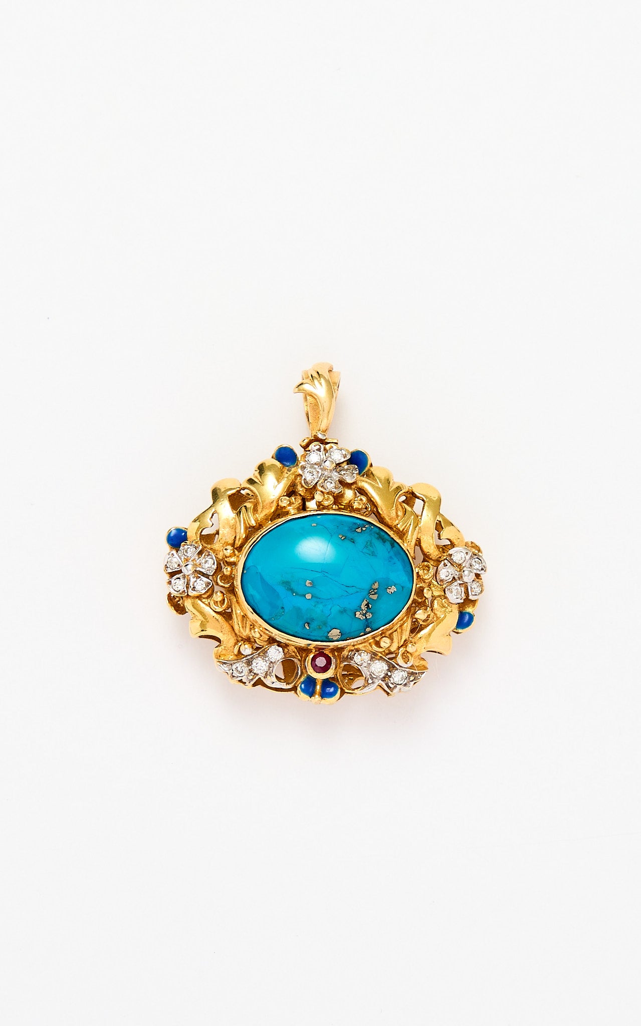 18ct gold, turquoise, diamond & enamel pendant brooch